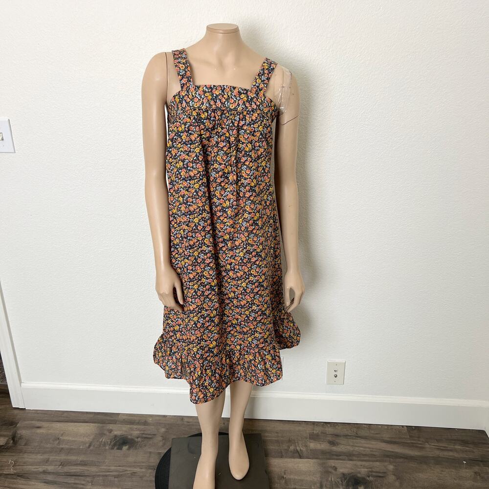 [Vintage] 70s Deadstock Floral Print Ruffle Hem Midi Shift Dress Size Medium M